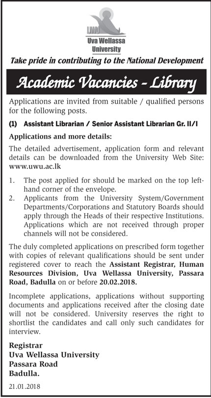 Assistant Librarian, Senior Assistant Librarian - Uva Welassa University